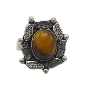 Vintage Tiger Eye Ring Ball & Leaf Unisex